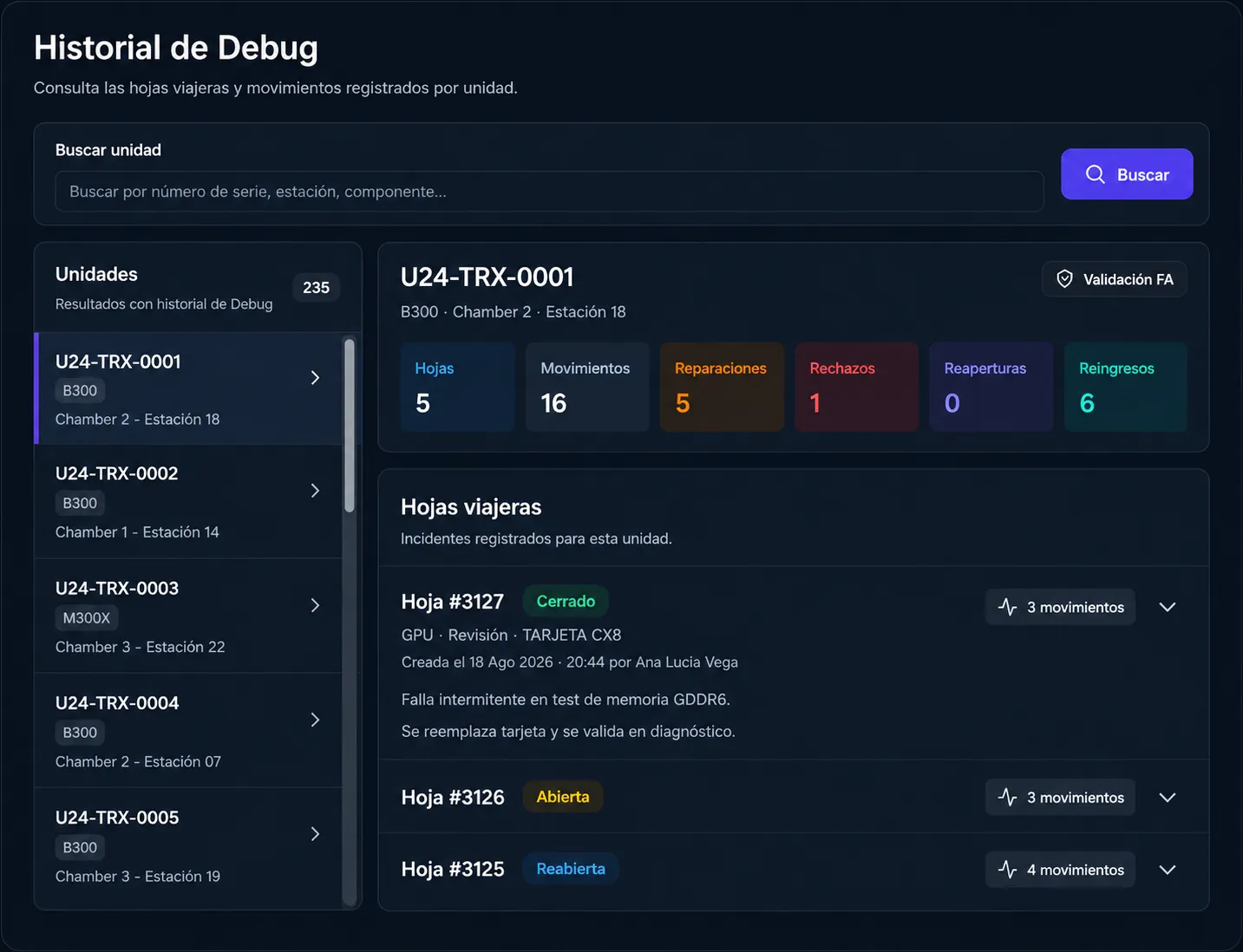 Historial de diagnóstico de una unidad en Test Flow con datos ficticios