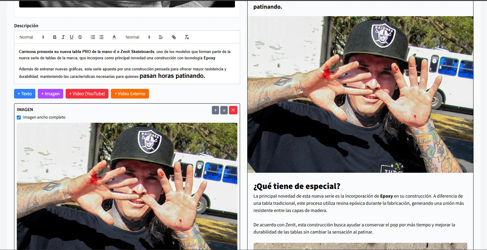 Editor y previsualización de artículos de Dale Skate
