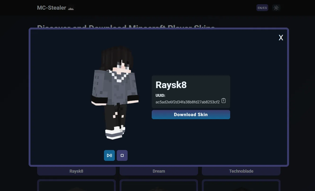 Interfaz de MC Skin Stealer mostrando el resultado de una búsqueda